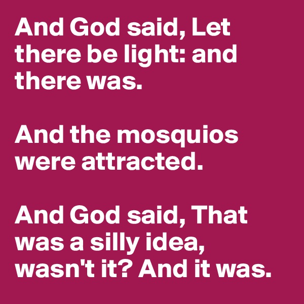 And God said, Let there be light: and there was.

And the mosquios were attracted.

And God said, That was a silly idea, wasn't it? And it was.