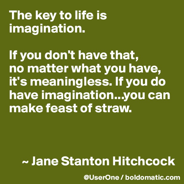 The key to life is imagination.

If you don't have that,
no matter what you have, it's meaningless. If you do have imagination...you can make feast of straw.



     ~ Jane Stanton Hitchcock