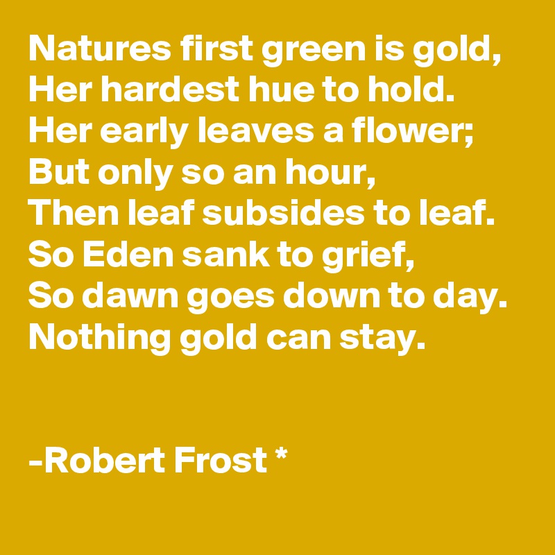 Natures first green is gold,
Her hardest hue to hold.
Her early leaves a flower;
But only so an hour,
Then leaf subsides to leaf.
So Eden sank to grief,
So dawn goes down to day.
Nothing gold can stay.


-Robert Frost *