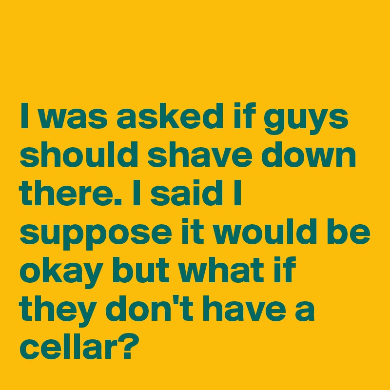 

I was asked if guys should shave down there. I said I suppose it would be okay but what if they don't have a cellar?