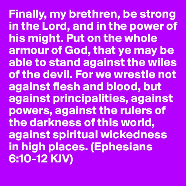 Finally, my brethren, be strong in the Lord, and in the power of his might. Put on the whole armour of God, that ye may be able to stand against the wiles of the devil. For we wrestle not against flesh and blood, but against principalities, against powers, against the rulers of the darkness of this world, against spiritual wickedness in high places. (Ephesians 6:10-12 KJV)