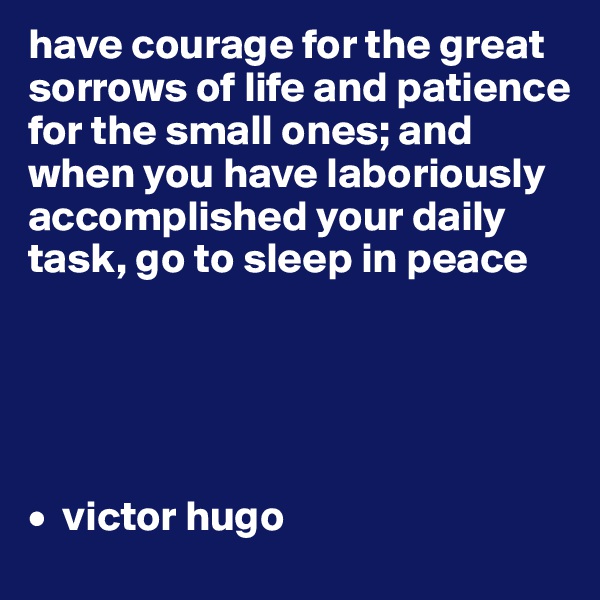 have courage for the great sorrows of life and patience for the small ones; and when you have laboriously accomplished your daily task, go to sleep in peace





•  victor hugo