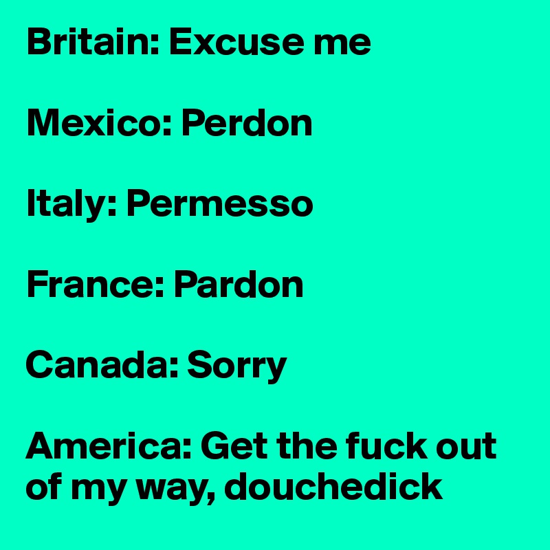 Britain: Excuse me

Mexico: Perdon

Italy: Permesso

France: Pardon

Canada: Sorry

America: Get the fuck out of my way, douchedick
