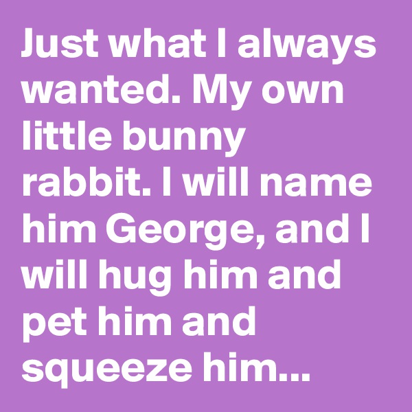 Just what I always wanted. My own little bunny rabbit. I will name him George, and I will hug him and pet him and squeeze him...