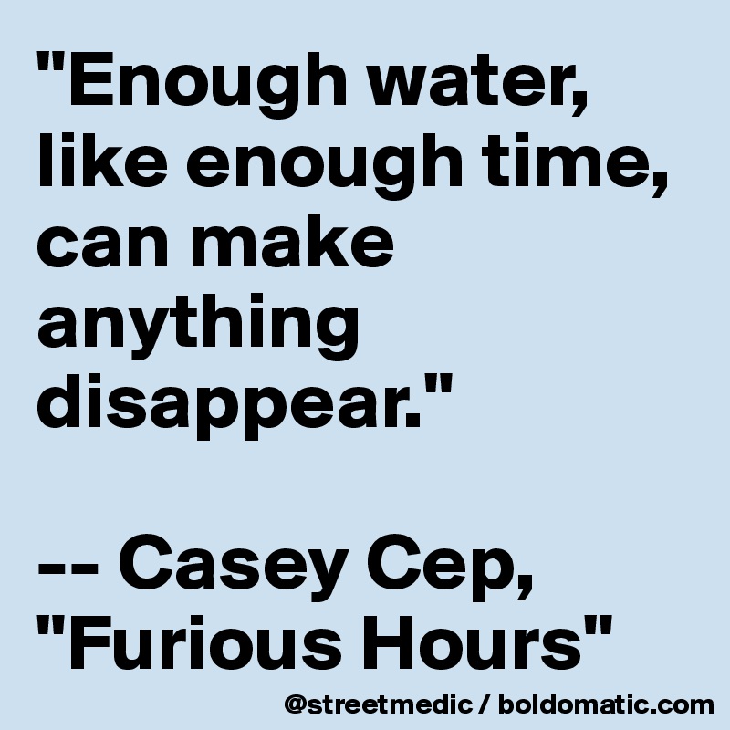 "Enough water, like enough time, can make anything disappear."

-- Casey Cep, "Furious Hours"
