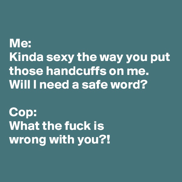 

Me:
Kinda sexy the way you put those handcuffs on me.
Will I need a safe word?

Cop:
What the fuck is 
wrong with you?!
