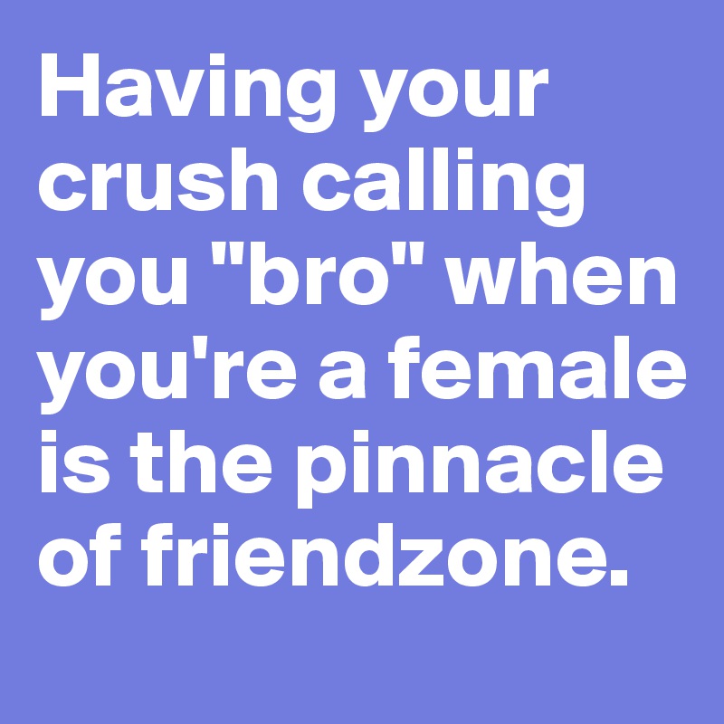 Having your crush calling you "bro" when you're a female is the pinnacle of friendzone.