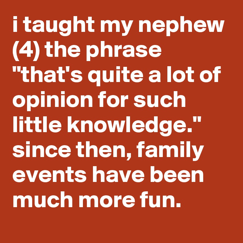 i taught my nephew (4) the phrase "that's quite a lot of opinion for such little knowledge." since then, family events have been much more fun.
