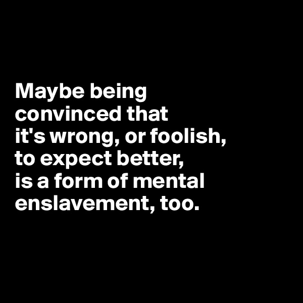 


Maybe being 
convinced that 
it's wrong, or foolish, 
to expect better, 
is a form of mental enslavement, too.



