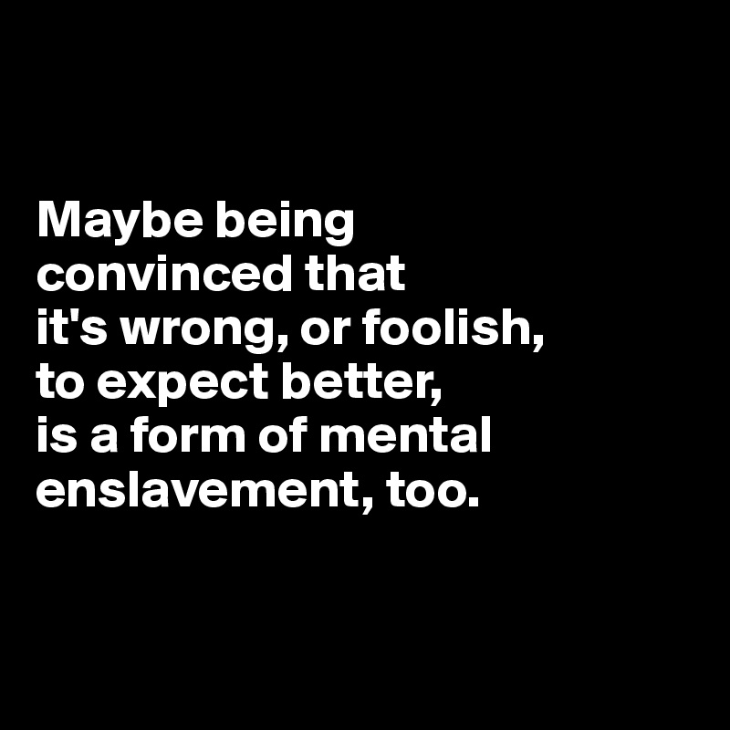 


Maybe being 
convinced that 
it's wrong, or foolish, 
to expect better, 
is a form of mental enslavement, too.


