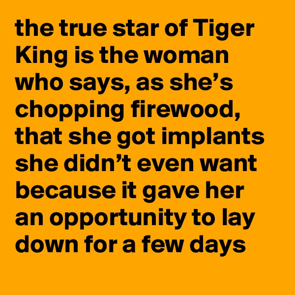 the true star of Tiger King is the woman who says, as she’s chopping firewood, that she got implants she didn’t even want because it gave her an opportunity to lay down for a few days