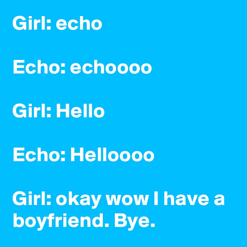Girl: echo

Echo: echoooo

Girl: Hello

Echo: Helloooo

Girl: okay wow I have a boyfriend. Bye.