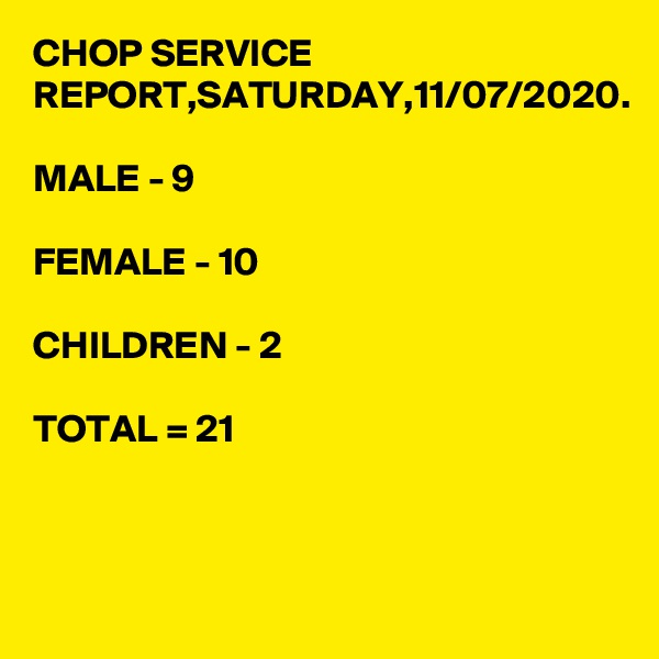 CHOP SERVICE REPORT,SATURDAY,11/07/2020.

MALE - 9

FEMALE - 10

CHILDREN - 2

TOTAL = 21