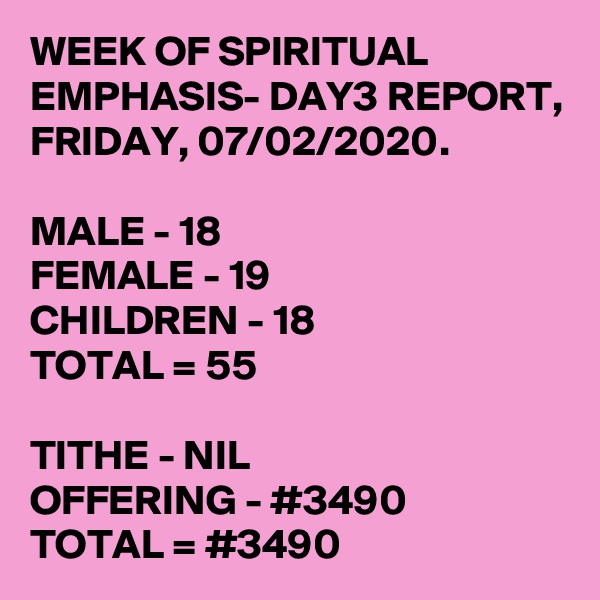 WEEK OF SPIRITUAL EMPHASIS- DAY3 REPORT, FRIDAY, 07/02/2020.

MALE - 18
FEMALE - 19
CHILDREN - 18
TOTAL = 55

TITHE - NIL
OFFERING - #3490
TOTAL = #3490