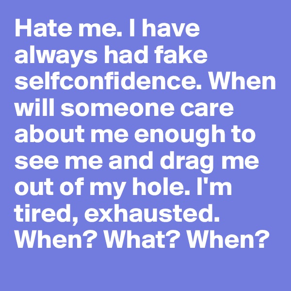 Hate me. I have always had fake selfconfidence. When will someone care about me enough to see me and drag me out of my hole. I'm tired, exhausted. When? What? When?