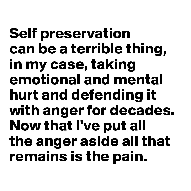 
Self preservation 
can be a terrible thing, in my case, taking emotional and mental hurt and defending it with anger for decades. Now that I've put all 
the anger aside all that remains is the pain.
