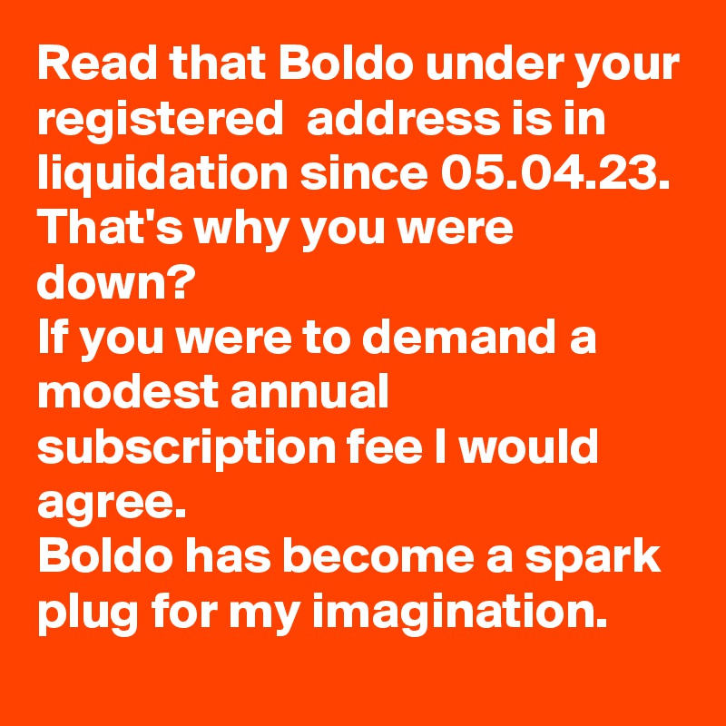Read that Boldo under your registered  address is in liquidation since 05.04.23. 
That's why you were down?
If you were to demand a modest annual subscription fee l would agree. 
Boldo has become a spark plug for my imagination.