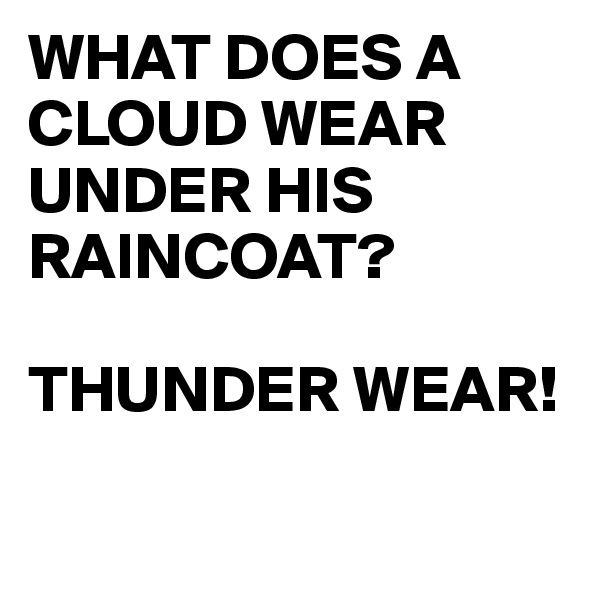WHAT DOES A  CLOUD WEAR UNDER HIS RAINCOAT?

THUNDER WEAR!


