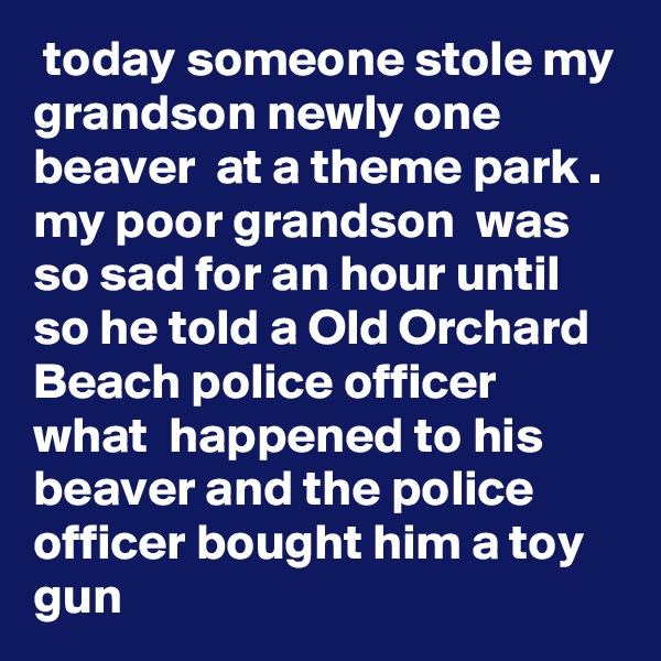  today someone stole my grandson newly one beaver  at a theme park . my poor grandson  was so sad for an hour until so he told a Old Orchard Beach police officer what  happened to his beaver and the police officer bought him a toy gun