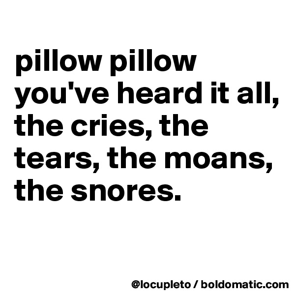 
pillow pillow you've heard it all,
the cries, the tears, the moans, the snores.

