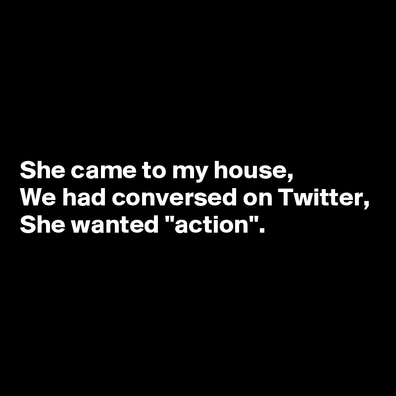 




She came to my house,
We had conversed on Twitter,
She wanted "action".




