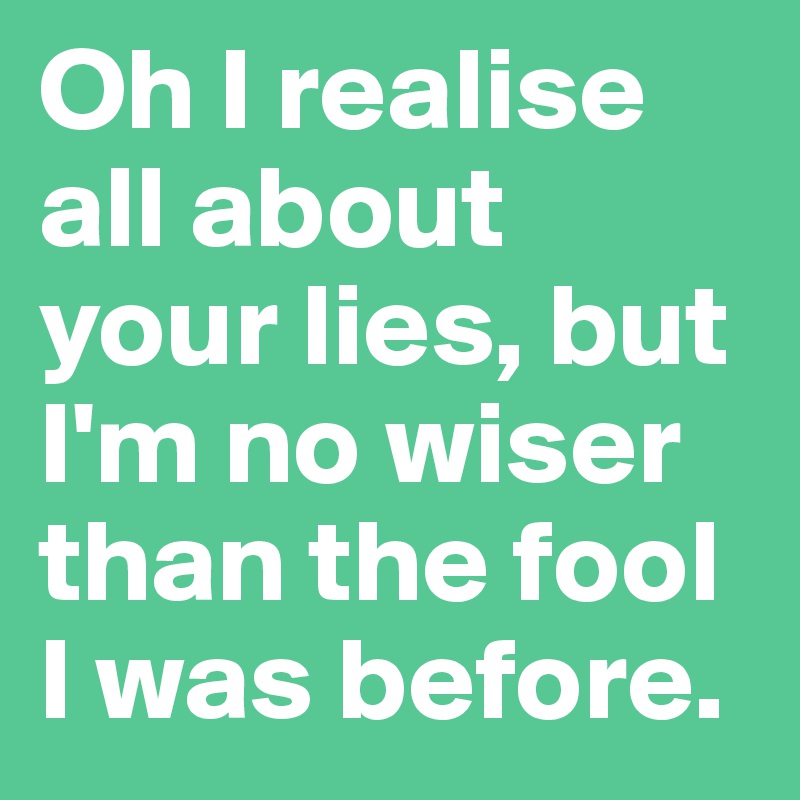 Oh I realise all about your lies, but I'm no wiser than the fool I was before.