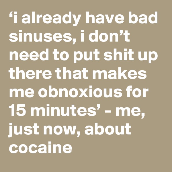 ‘i already have bad sinuses, i don’t need to put shit up there that makes me obnoxious for 15 minutes’ - me, just now, about cocaine