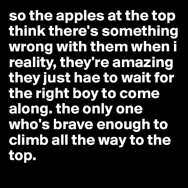 so the apples at the top think there's something wrong with them when i reality, they're amazing they just hae to wait for the right boy to come along. the only one who's brave enough to climb all the way to the top.