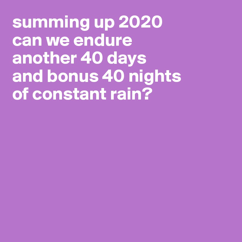 summing up 2020 
can we endure
another 40 days
and bonus 40 nights
of constant rain?






