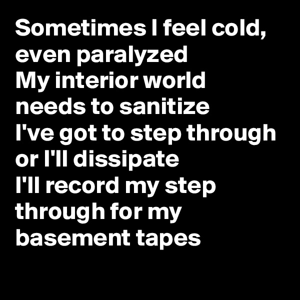 Sometimes I feel cold, even paralyzed
My interior world needs to sanitize
I've got to step through or I'll dissipate
I'll record my step through for my basement tapes
