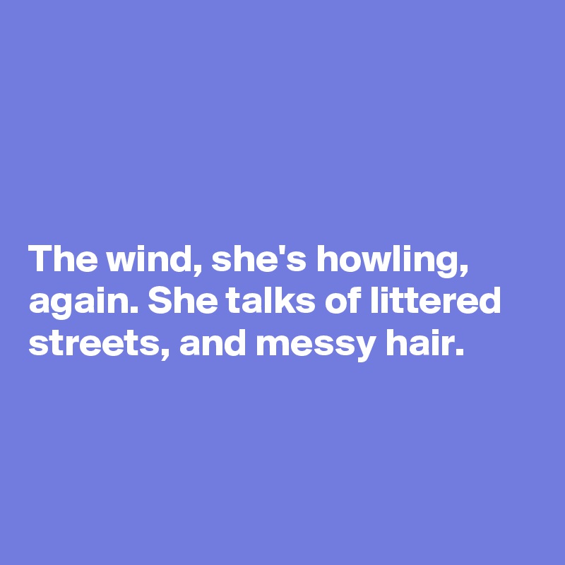 




The wind, she's howling,
again. She talks of littered streets, and messy hair. 



