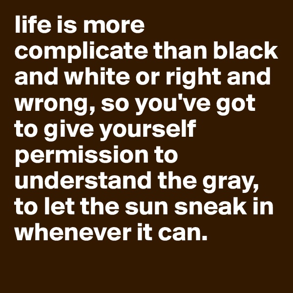 life is more complicate than black and white or right and wrong, so you've got to give yourself permission to understand the gray, to let the sun sneak in whenever it can.