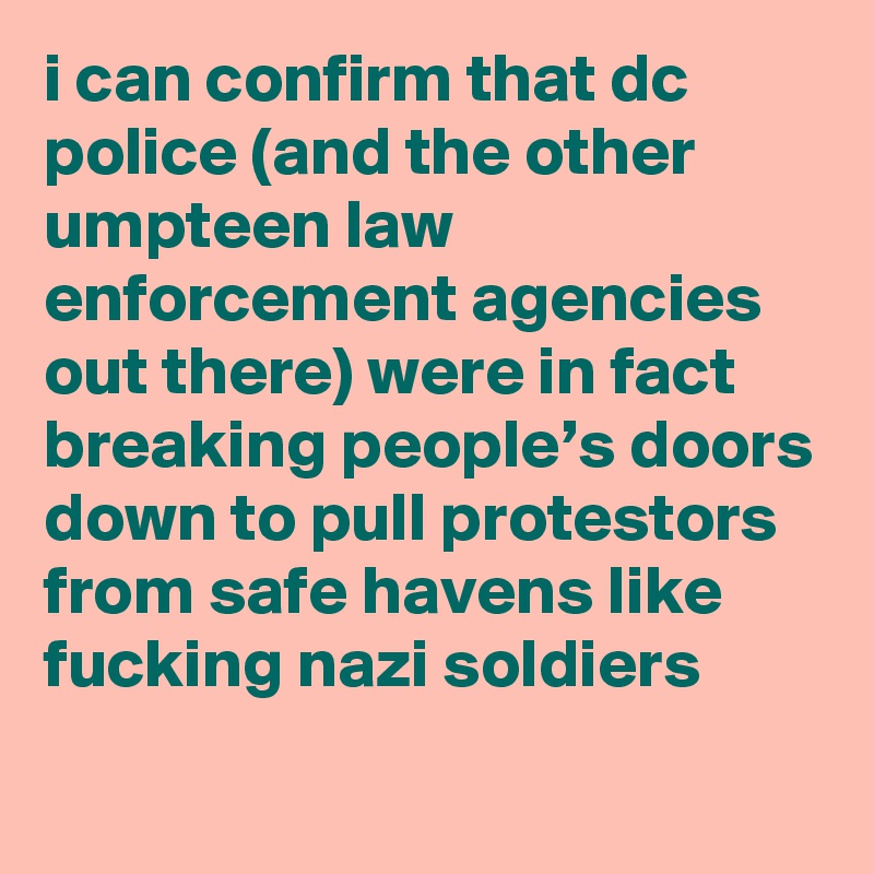 i can confirm that dc police (and the other umpteen law enforcement agencies out there) were in fact breaking people’s doors down to pull protestors from safe havens like fucking nazi soldiers