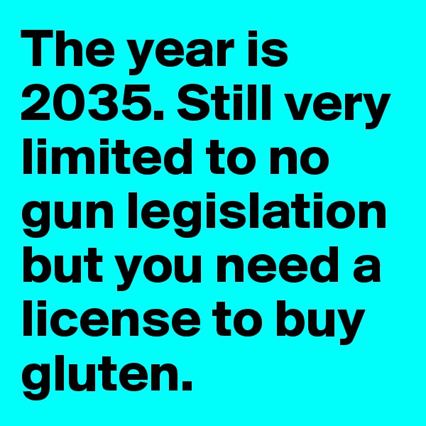 The year is 2035. Still very limited to no gun legislation but you need a license to buy gluten. 