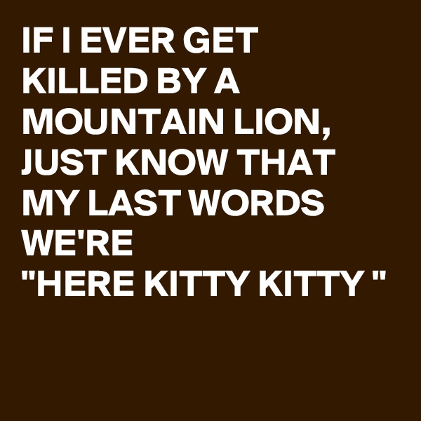 IF I EVER GET KILLED BY A MOUNTAIN LION,
JUST KNOW THAT MY LAST WORDS WE'RE 
"HERE KITTY KITTY "

