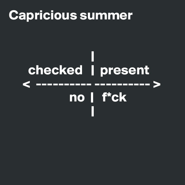 Capricious summer


                              |
       checked   |  present
     <  ---------- ---------- >
                      no  |   f*ck
                              |



