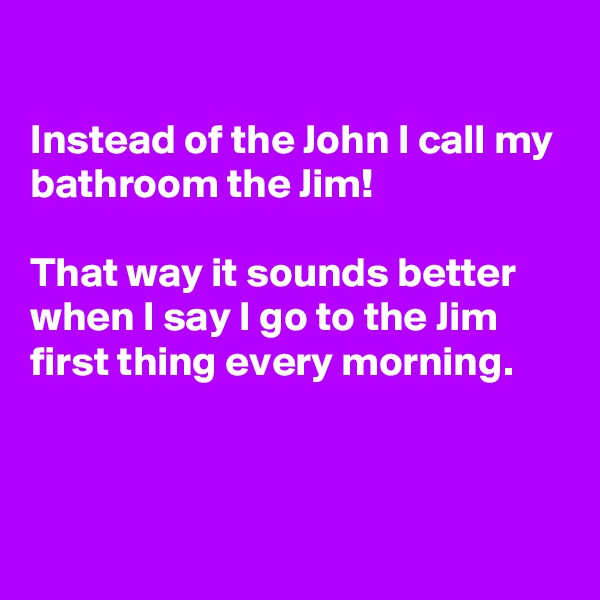

Instead of the John I call my bathroom the Jim!

That way it sounds better when I say I go to the Jim first thing every morning.



