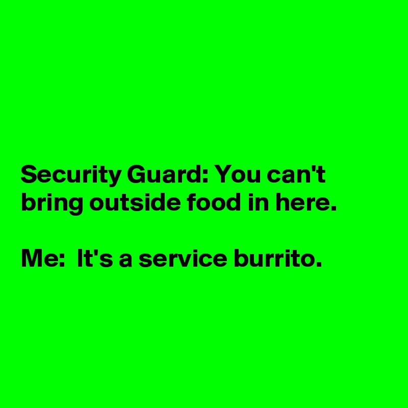 




Security Guard: You can't bring outside food in here.

Me:  It's a service burrito. 



