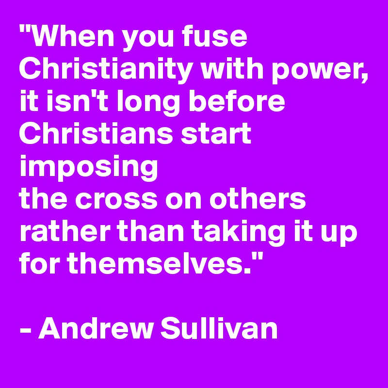 "When you fuse
Christianity with power,
it isn't long before
Christians start imposing
the cross on others rather than taking it up for themselves."

- Andrew Sullivan
