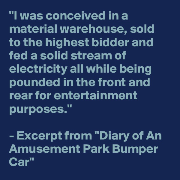 "I was conceived in a material warehouse, sold to the highest bidder and fed a solid stream of electricity all while being pounded in the front and rear for entertainment purposes." 

- Excerpt from "Diary of An Amusement Park Bumper Car"