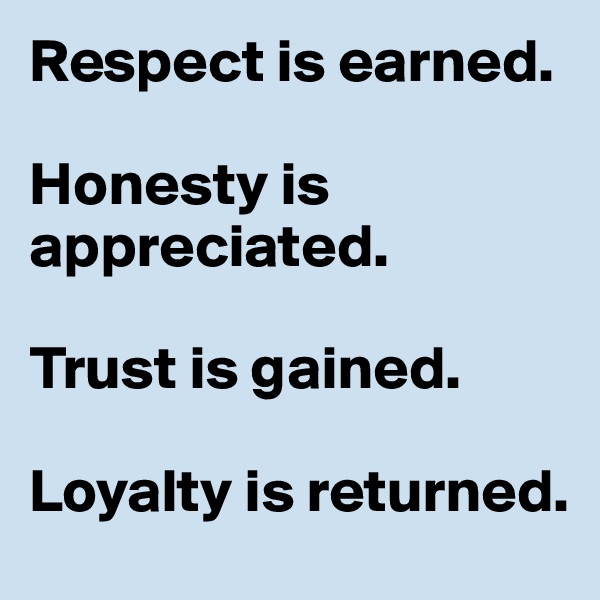 Respect is earned. 

Honesty is appreciated. 

Trust is gained. 

Loyalty is returned.