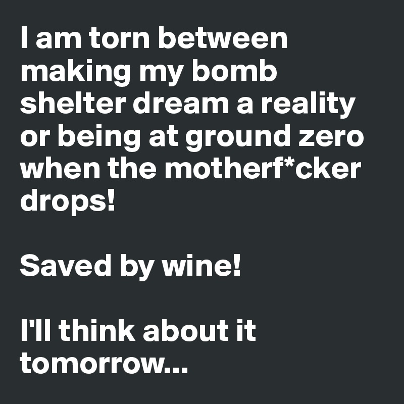 I am torn between making my bomb shelter dream a reality or being at ground zero when the motherf*cker drops! 

Saved by wine!

I'll think about it tomorrow...
