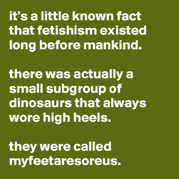 it's a little known fact that fetishism existed long before mankind. 

there was actually a small subgroup of dinosaurs that always wore high heels. 

they were called myfeetaresoreus. 