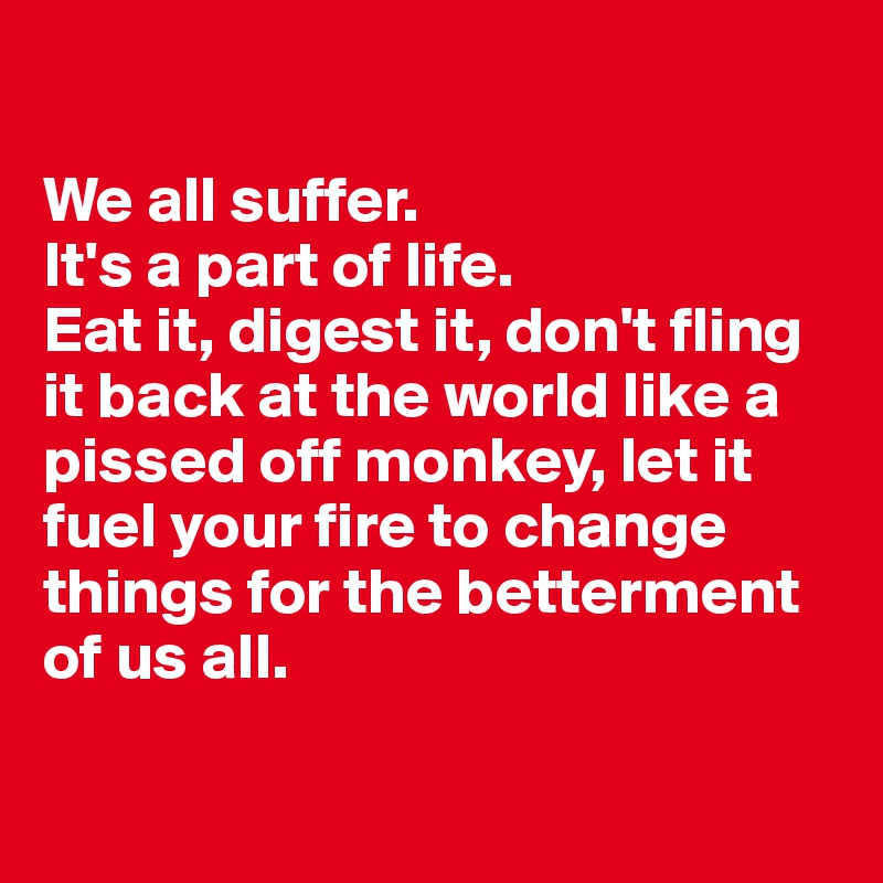 

We all suffer. 
It's a part of life. 
Eat it, digest it, don't fling it back at the world like a pissed off monkey, let it fuel your fire to change things for the betterment of us all. 

