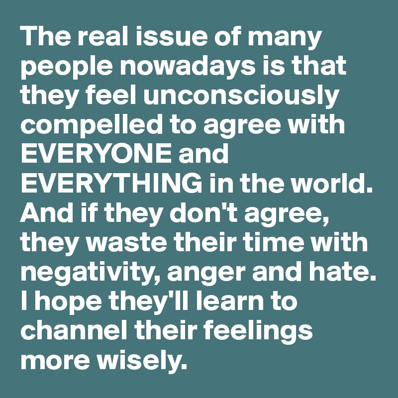 The real issue of many people nowadays is that they feel unconsciously compelled to agree with EVERYONE and EVERYTHING in the world. 
And if they don't agree, they waste their time with negativity, anger and hate. 
I hope they'll learn to channel their feelings more wisely.