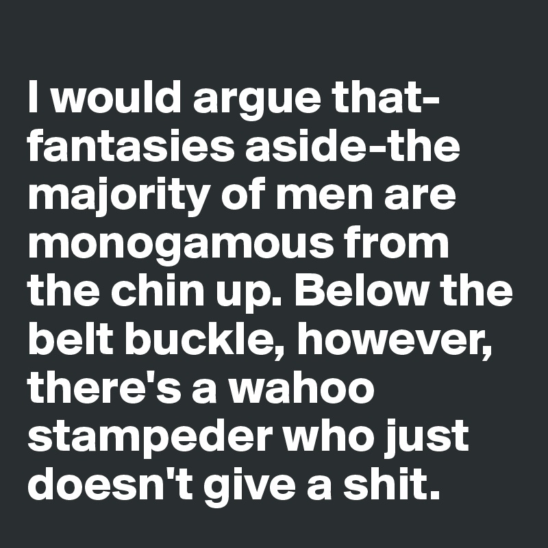
I would argue that-fantasies aside-the majority of men are monogamous from the chin up. Below the belt buckle, however, there's a wahoo stampeder who just doesn't give a shit. 