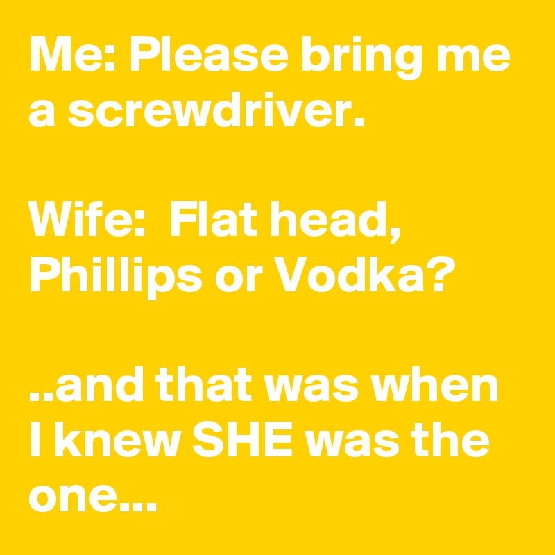 Me: Please bring me a screwdriver.

Wife:  Flat head, Phillips or Vodka?

..and that was when I knew SHE was the one...    
