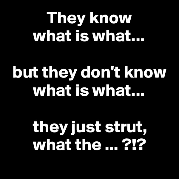           They know
       what is what...

 but they don't know
       what is what...

       they just strut,
       what the ... ?!?