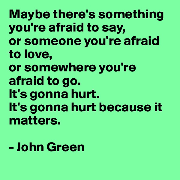 Maybe there's something
you're afraid to say,
or someone you're afraid to love,
or somewhere you're afraid to go.
It's gonna hurt.
It's gonna hurt because it matters.

- John Green

