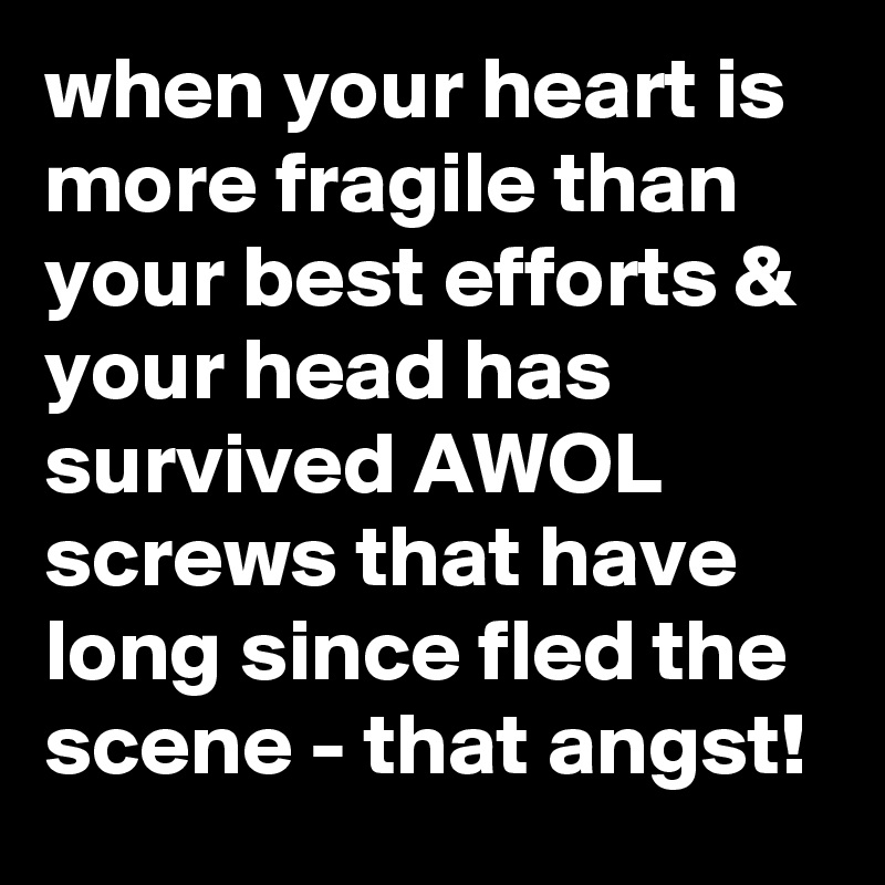 when your heart is more fragile than your best efforts & your head has survived AWOL screws that have long since fled the scene - that angst!